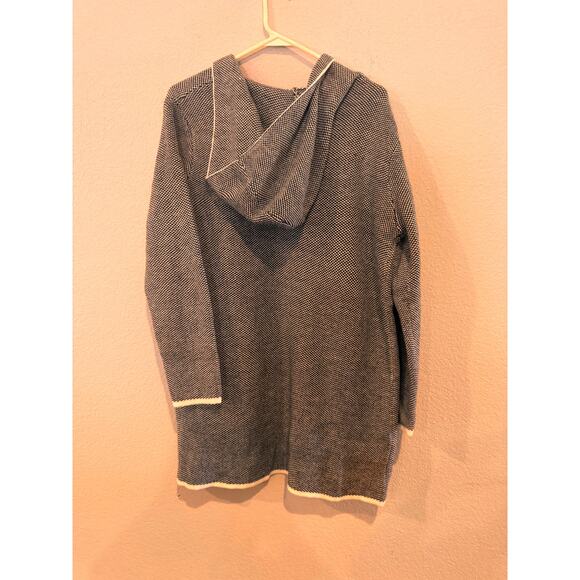 Women Hooded Open Front Cardigan Black & White Knit with Trim & Pockets S - Picture 2 of 4